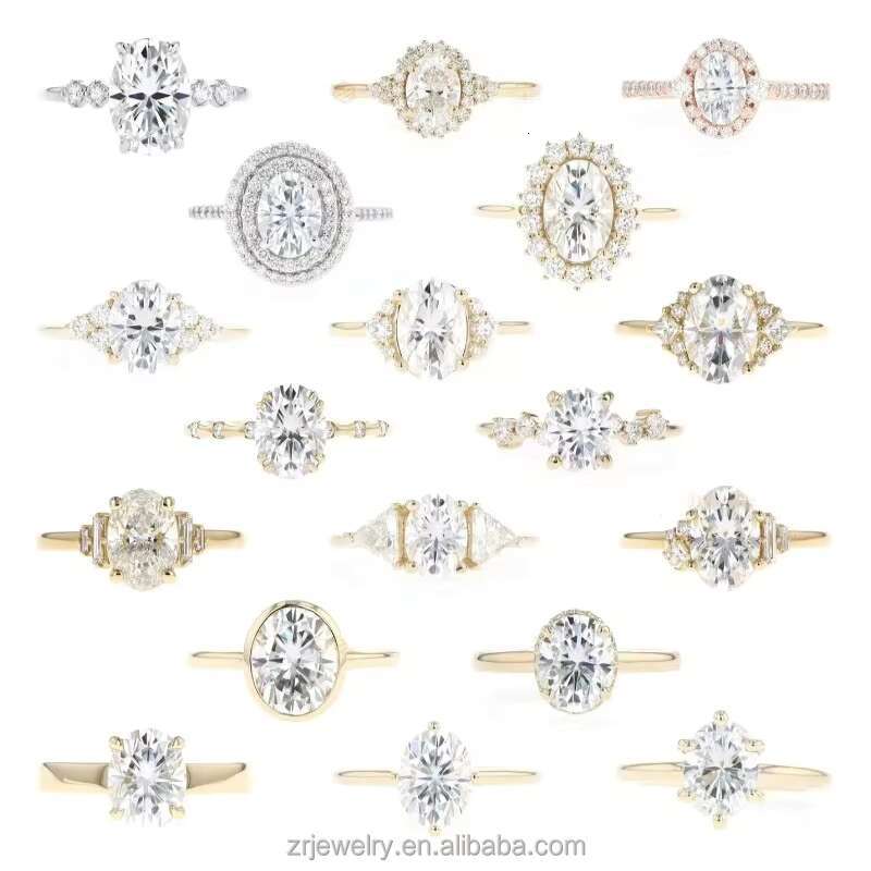 Fashion Jewelry Rings 18K 925 Sterling Silver Classic Ellipse Oval Shaped Moissanite Ring White Gold Band