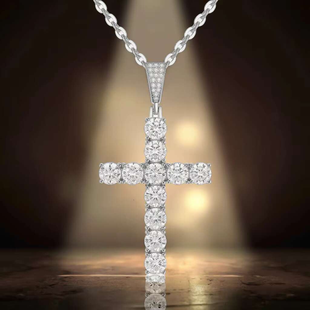 RD Cut 6.5mm*6.5mm D Color VVS Moissanite Cross Pendant 925 Sterling Silver Rhodium Plated Necklace Unisex for Women Men