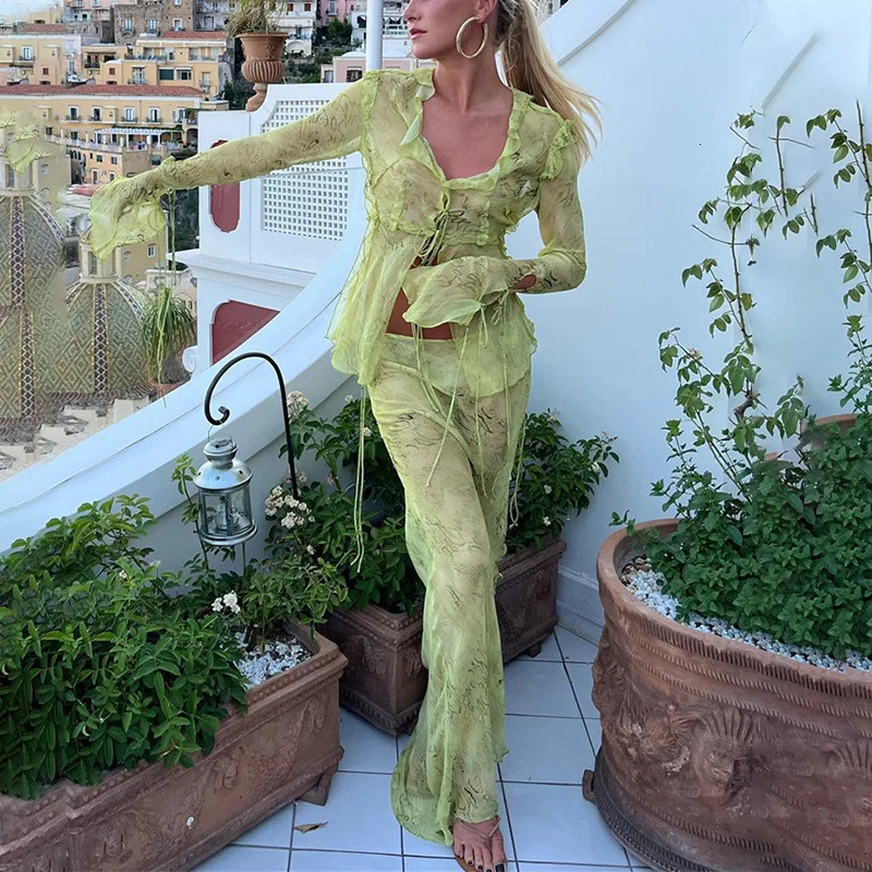 Cryptographic Fashion Coords Set Club Outfits Print Y2K Mesh Sheer Long Sleeve Tie Front Blouse Shirts Maxi Skirt Matching Sets 250616