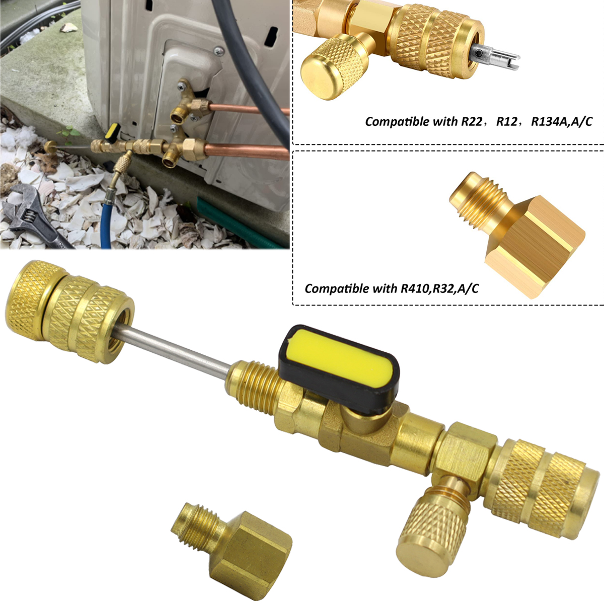 Valve core disassembly and installation tool with dual size SAE 1/4 and 5/16 ports, suitable for R22 R32 R404 R407 R410A