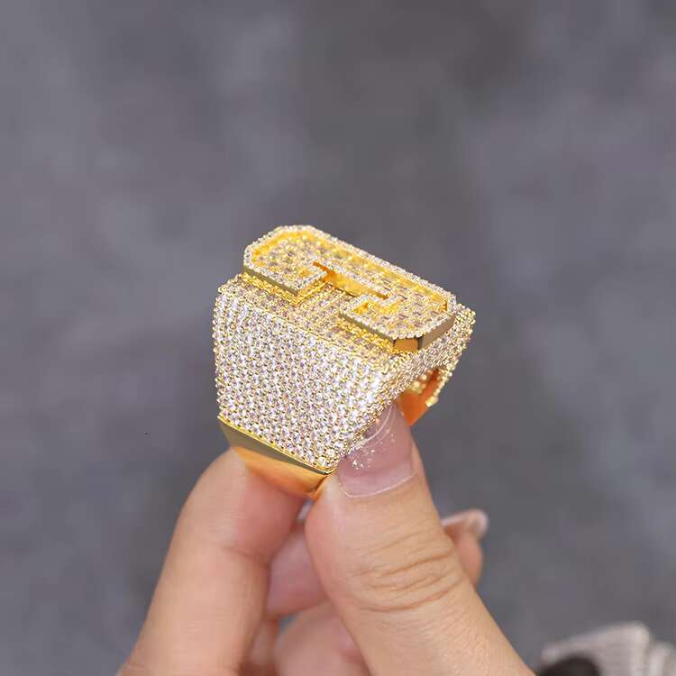 Fine Jewelry VVS Moissanite Cuban Ring 925 Sterling Silver Gold Plated Baguette and Round Moissanite Hip Hop Cuban Ring for Man