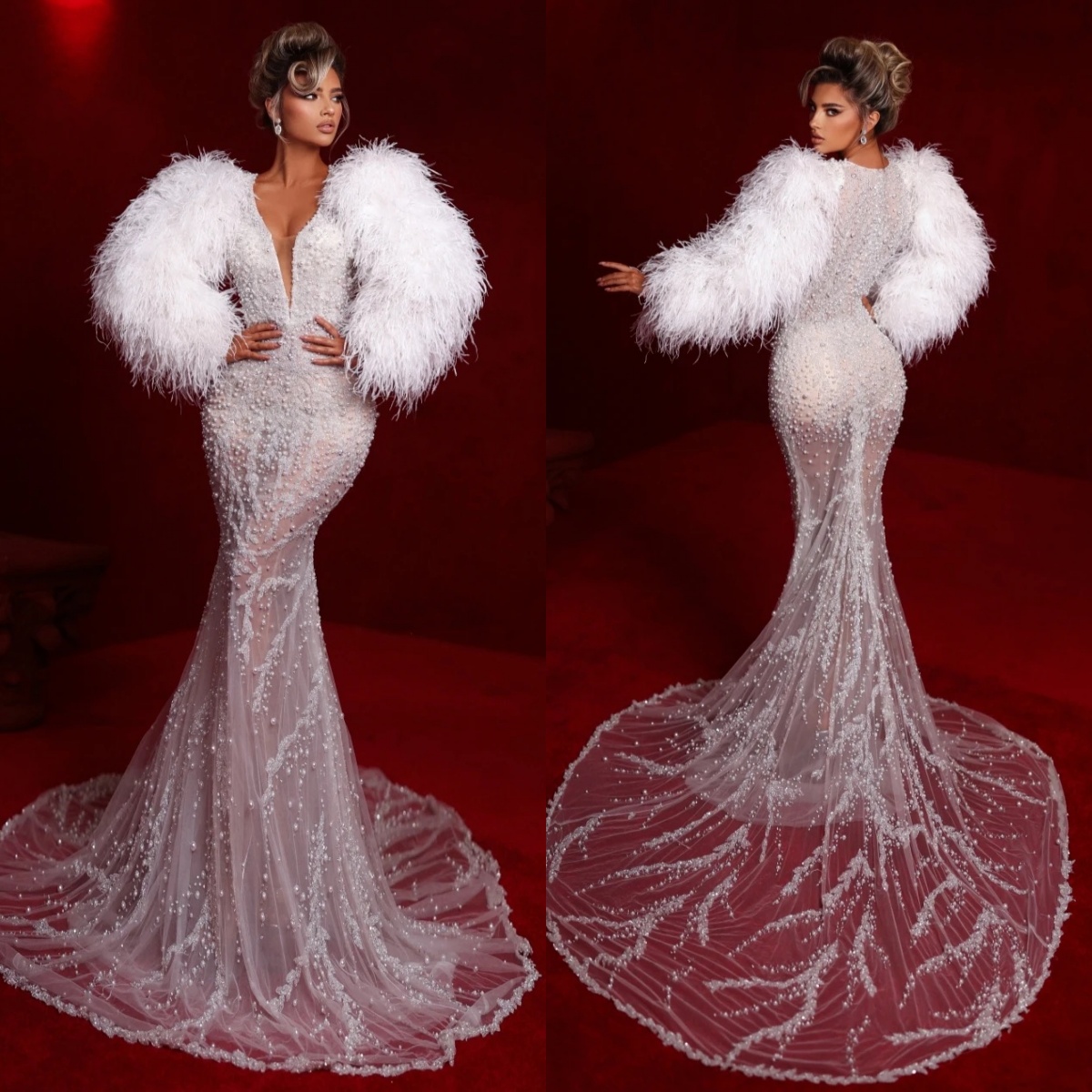Gorgeous Feather Pearls Wedding Dresses V Neck Bridal Gowns See Through Long Sleeves Mermaid Customized Bride Vestidos De Novia Plus Size
