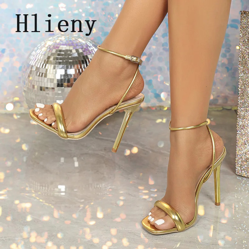 Hlieny Summer Gold Ankle Buckle Strap Sandals Peep Toe Ladies Thin High Heels Sexy Women Party Club Stripper Shoes Size 35-42 250624