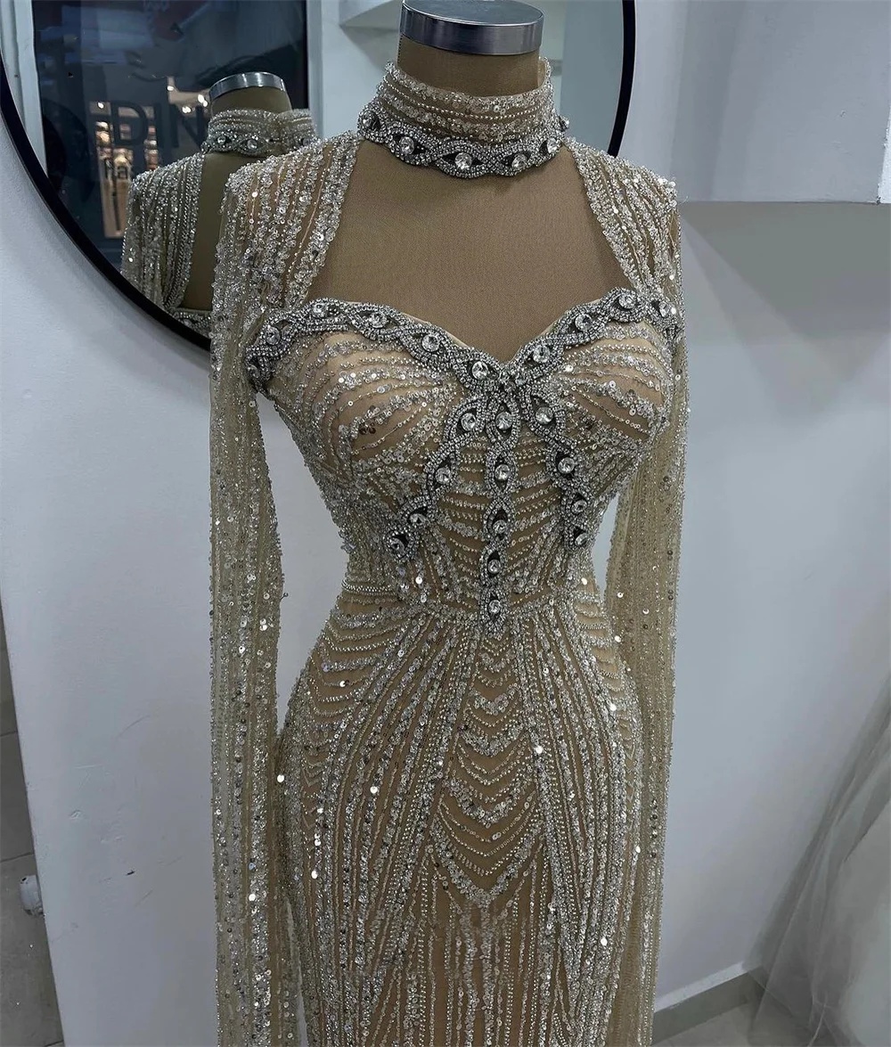 Fashion Wedding Dresses Sequins Crystal Bridal Gowns Mermaid Long Sleeves High Neck Slim Customized Bride Vestidos De Novia Plus Size