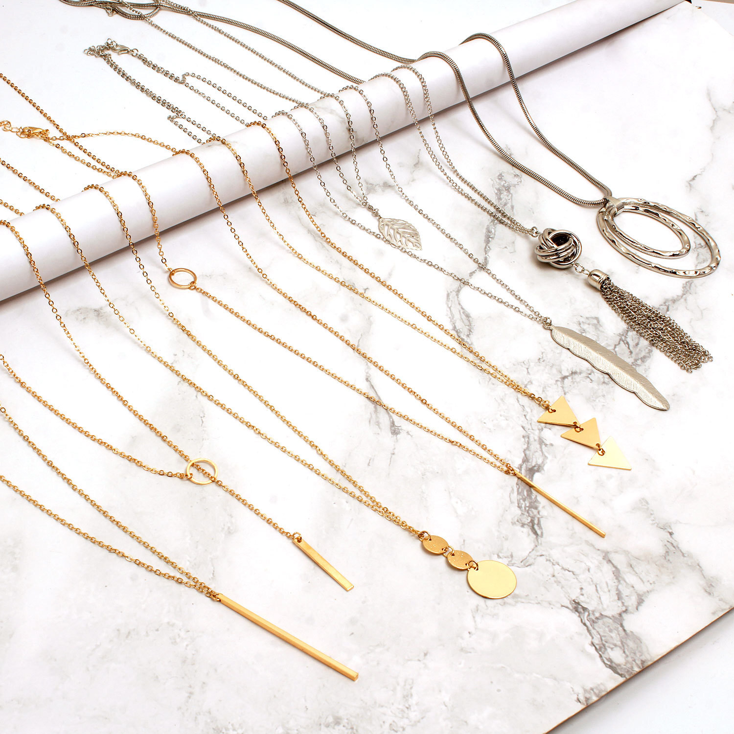 Jewelry 8-Piece Color-Retaining Tassel Geometric Necklace Set Fashion Exaggerated Round Ring Women's Sweater Chain Jewelry for Women