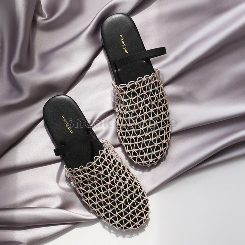 designer sandals women fishnet woven flats heels sandal fashion Summer mules Elegant Hollow Out Mesh slippers Ladies sandale