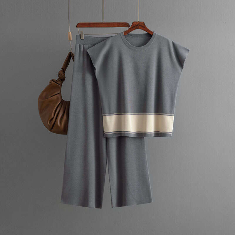 2024 Plus Size Women's Knit Sweater Loose Slimming High Waist Wide Leg Pants Fashion Two-Piece Set