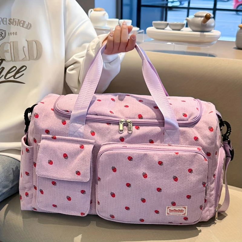 Large capacity strawberry printed travel bag multifunctional dry wet separation independent shoe box casual style 250624