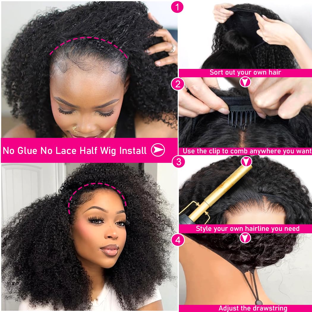 Kinky Curly Half Wig Human Hair 3 In 1 Seamless Flip Over Glueless Wear and Go Beginner Friendly Drawstring Headband Wig for Women