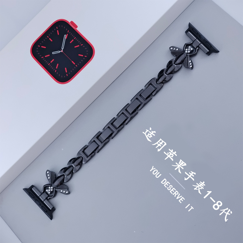 Luxury Fit Bee Patterned Single Row Chain Watch Band for Apple Watch Series 1-10 and SE Universal Compatibility
