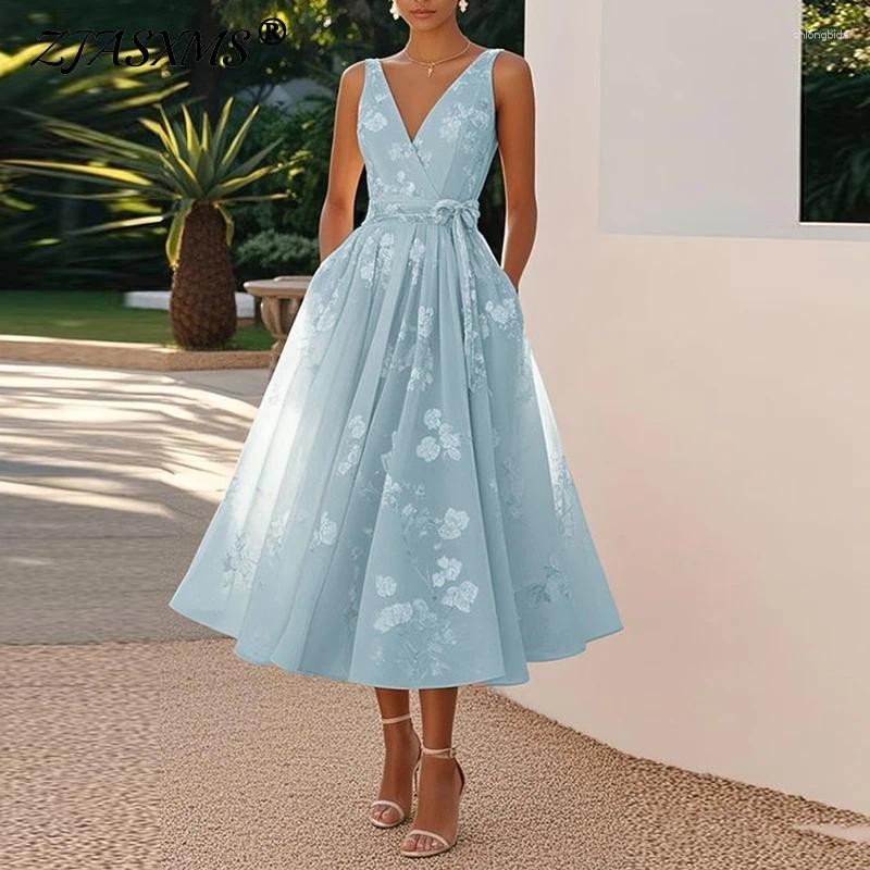 Casual Dresses Chic Sexy V Neck Bow Lace Up Womens Party Dress Summer Pleated Boho Elegant Vacation Sleeveless A-Line Long