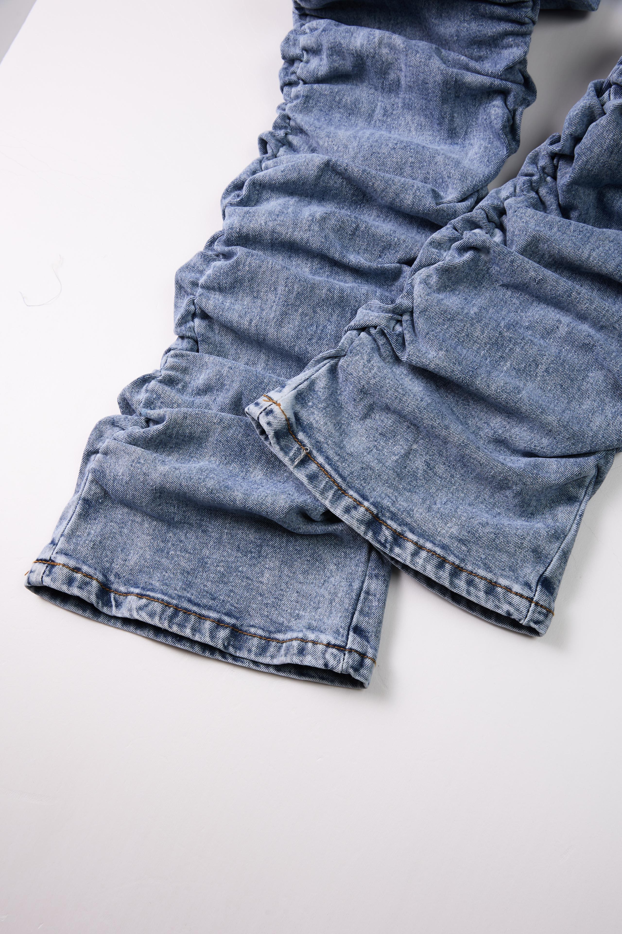 Girls' Light Blue Skinny Jeans - Fashionable Casual Denim Trousers with Stacked Design