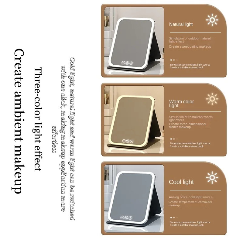 Rechargeable LED Makeup Mirror with Touch Control 3 Color Lights Portable Foldable Magnifying Vanity Mirror Travel Home Office 250625