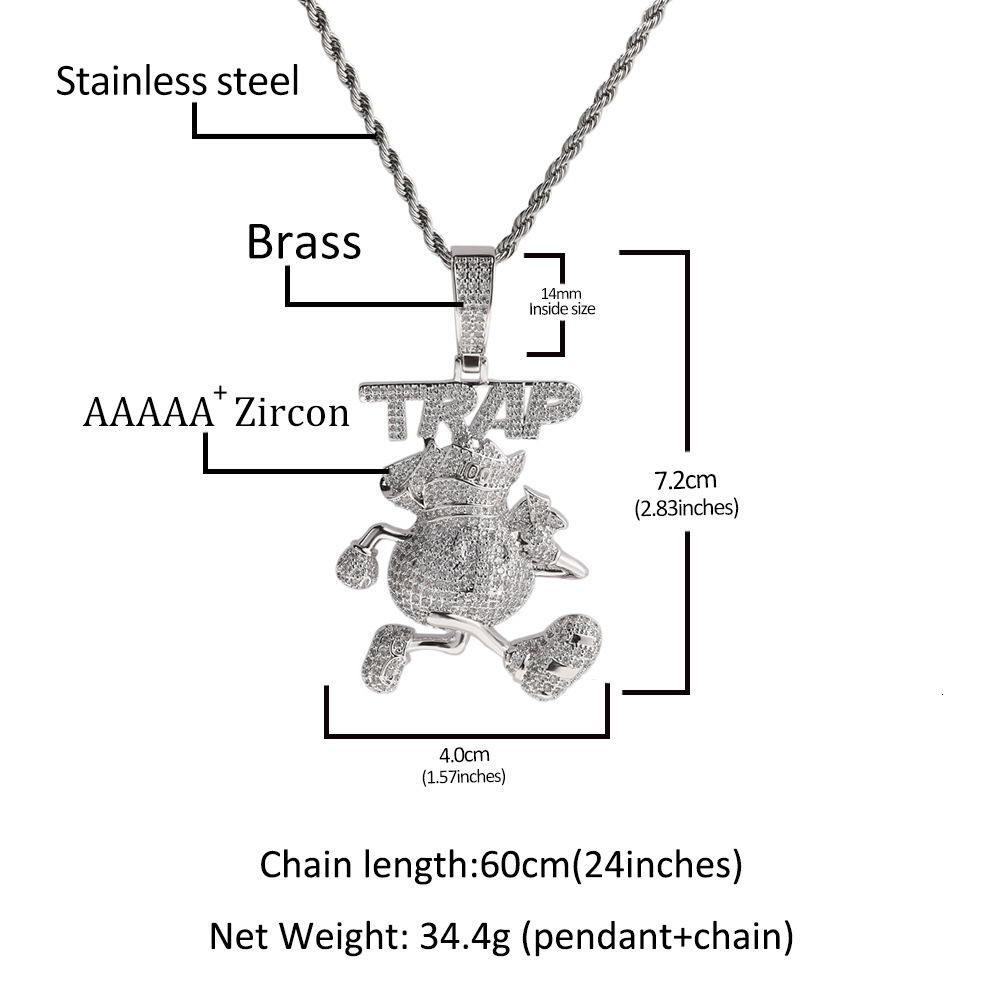 Hot Selling Hip Hop Running Money Bag TRAP Pendant Necklace Full Diamond Cubic Zirconia Cartoon 14K Gold Collar Party Rapper Jewelry Accessories Bijou