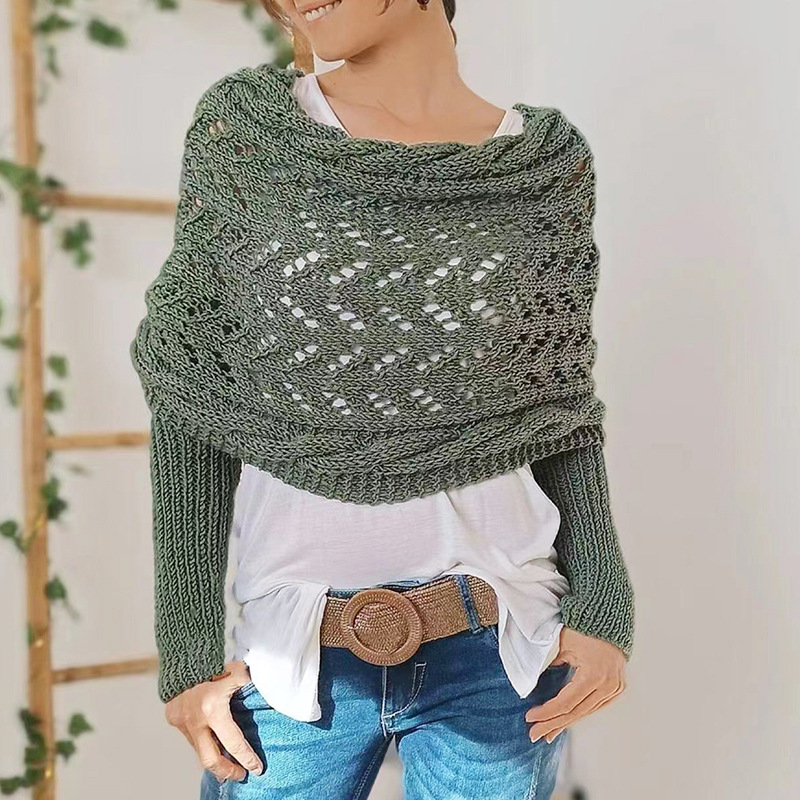 K1133 New cross-border autumn and winter long shawl knitted high-grade hollow extended double-sleeved shawl outerwear for women