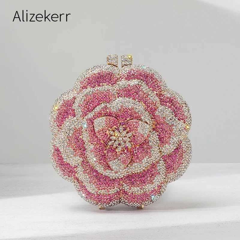 Alizekerr Rose Shaped Crystal Evening Bags Women Gorgeous Boutique Diamond Metal Clutch Purses And Handbags Bridal Wedding Party M250625