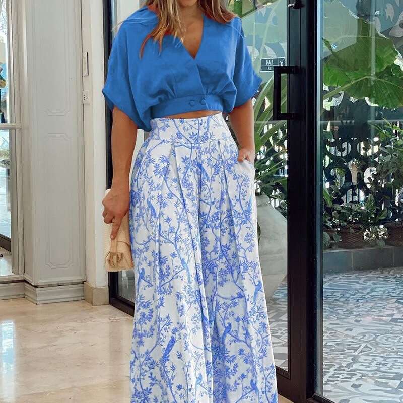 Autumn Shirt Top V-Neck Print Wide-Leg Pants Fashion Set B5