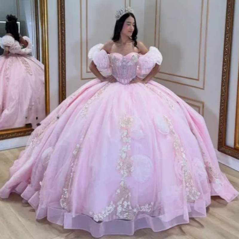 Charming Pink Off The Shoulder Quinceanera Dresses Ball Gown 3D Flower Appliques Beading Crystal Tull Sweet 16 Dress Vestidos De 15 Anos