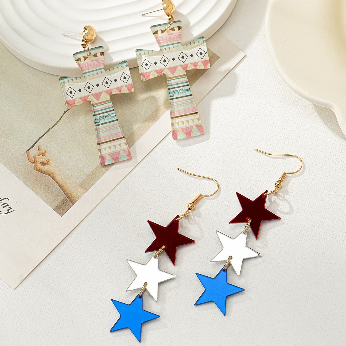 American Independence Day Red White Blue Flag Color Heart Star Cross Earrings Ear Jewelry