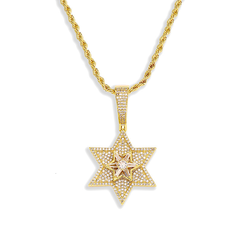 New In 14k Gold Hip Hop Diamond Rotating Hexagonal Star Pendant Necklace Full Bling Cubic Zirconia Trendy Streetwear Jewelry Gifts For Men And Women C