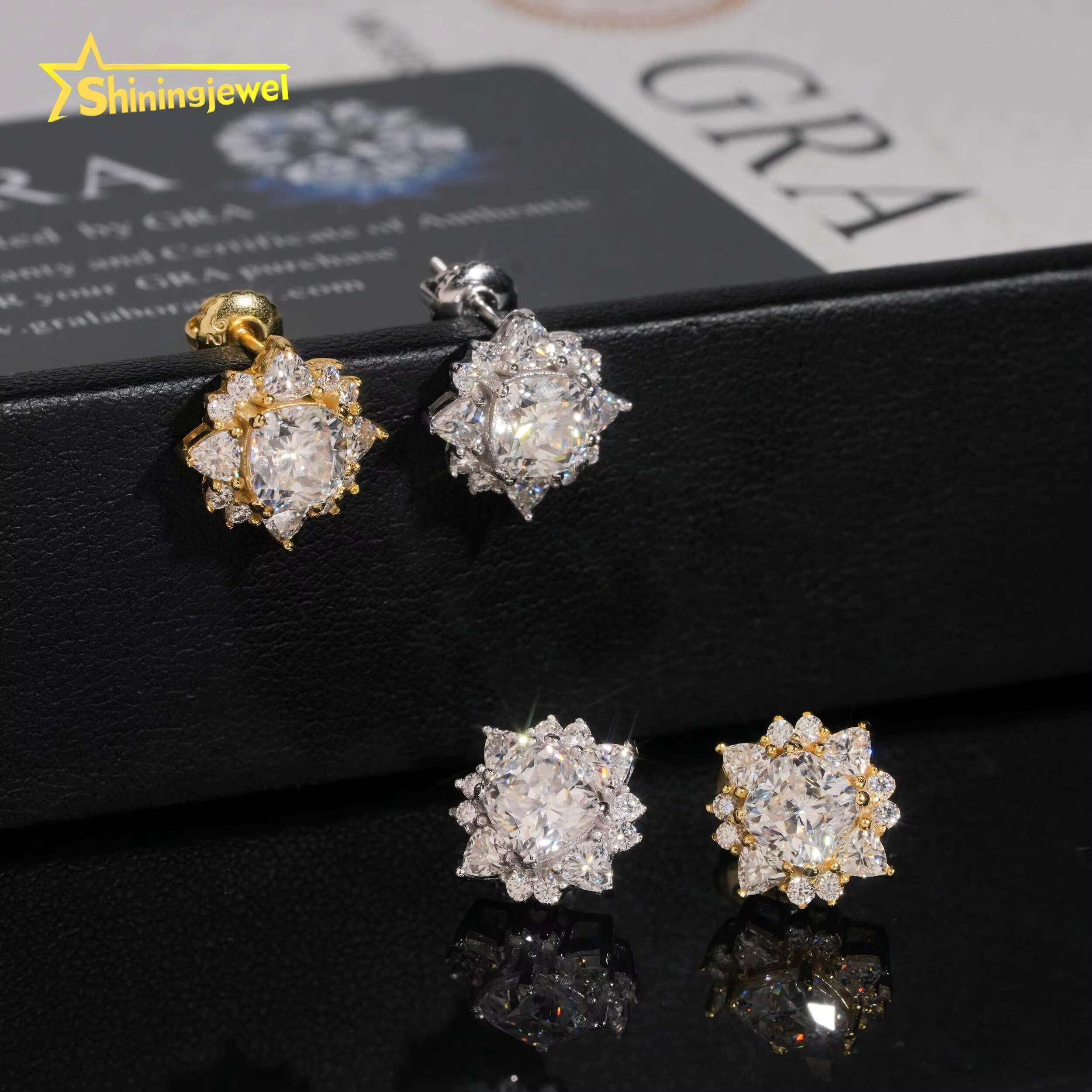 Popular Hip Hop Flower Stud Earrings Simple and Stylish Earring Cushion Cut Moissanite 925 Silver Stud Earrings for Wedding