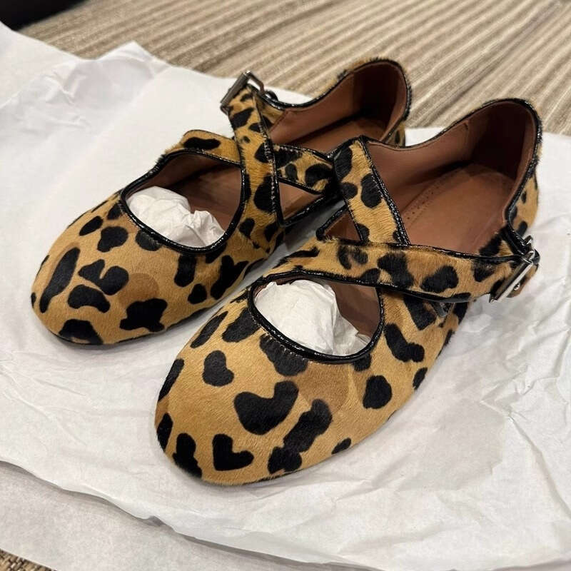 Sheepskin Version ~ Korean Style Round Toe Leopard Print Cross Mary Jane for Women Genuine Flat Single Versatile Lazy Little Leather Shoes