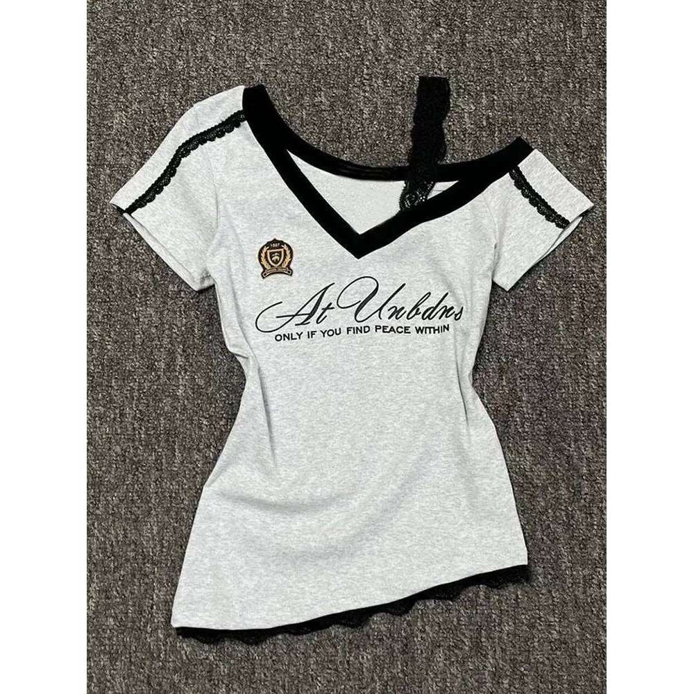 White-Gray Lace Sport Sexy Summer Off shoulder Top Women Y2k V neck Short sleeve T shirt Fashion Korean Lady Basic Tees 2025 New