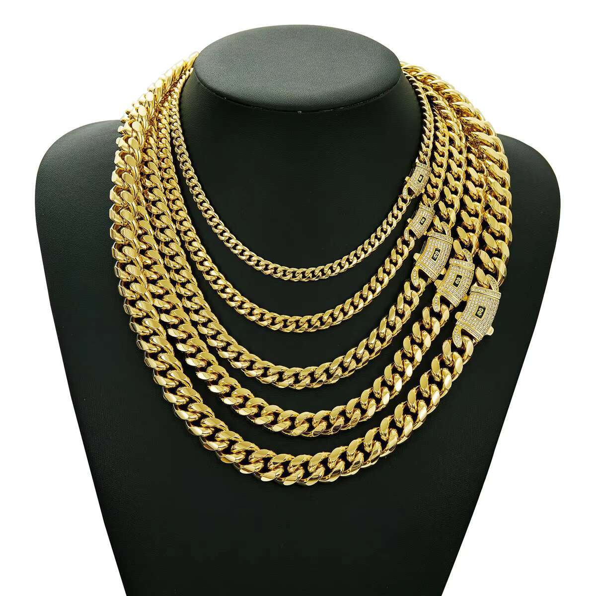 Hot Design Stainless Steel 14K Gold Plated Zircon Monaco Chain 6/8/10/12/14/16mm Miami Cuban Link Chain for Women Men