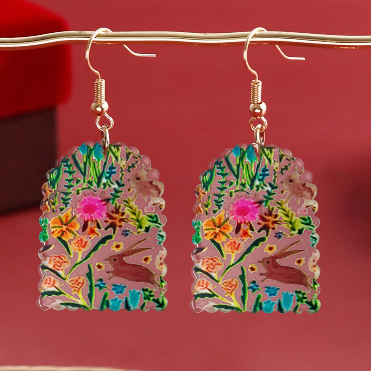 1 Pair of Half Round Earrings with Small Flower, Grass, Rabbit Prints, Transparent Acrylic Material, Elegant, Fashionable, and Exquisite