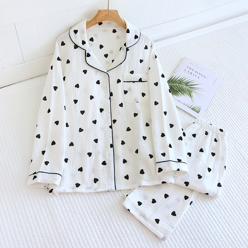 Spring Summer Autumn Women's Korean-style High-end Love Printed Pure Cotton Crepe Long-sleeved Trousers Loose Breathable Home Clothes