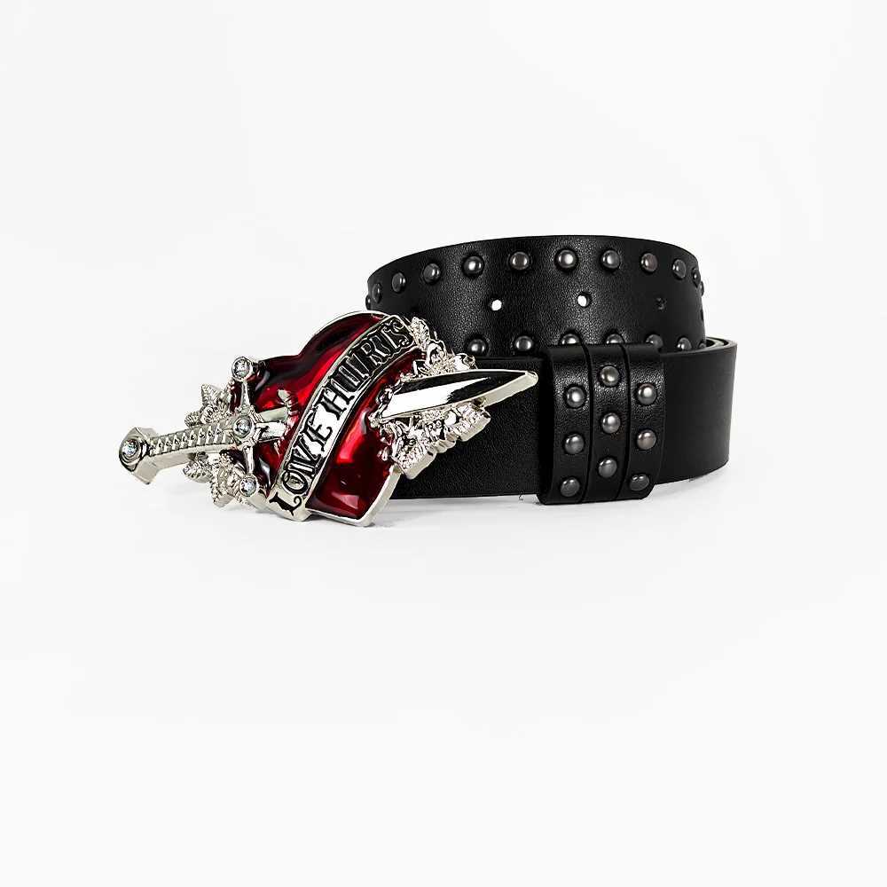 Unisex Jeans Belt Sword Red Heart Gothic Y2K Fashion Belts For Women Designer Luxury Black Rivet Punk Accessory Mens Belt Male W250625