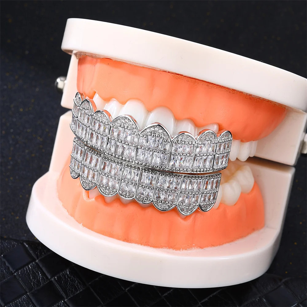 D Z Baguette Set Teeth Top Bottom Gold Plated Hip Hop Fashion Rapper Jewelry Punk Party Gift for Men Women Gifts 250606