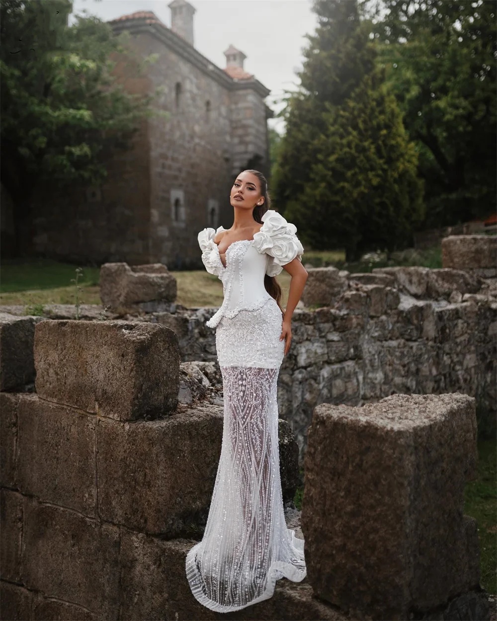 Stylish Wedding Dresses Pearls 3D Flowers Bridal Gowns Appliques Mermaid Beading Rhinestone Customized Bride Sweep Train Vestidos De Novia Plus Size