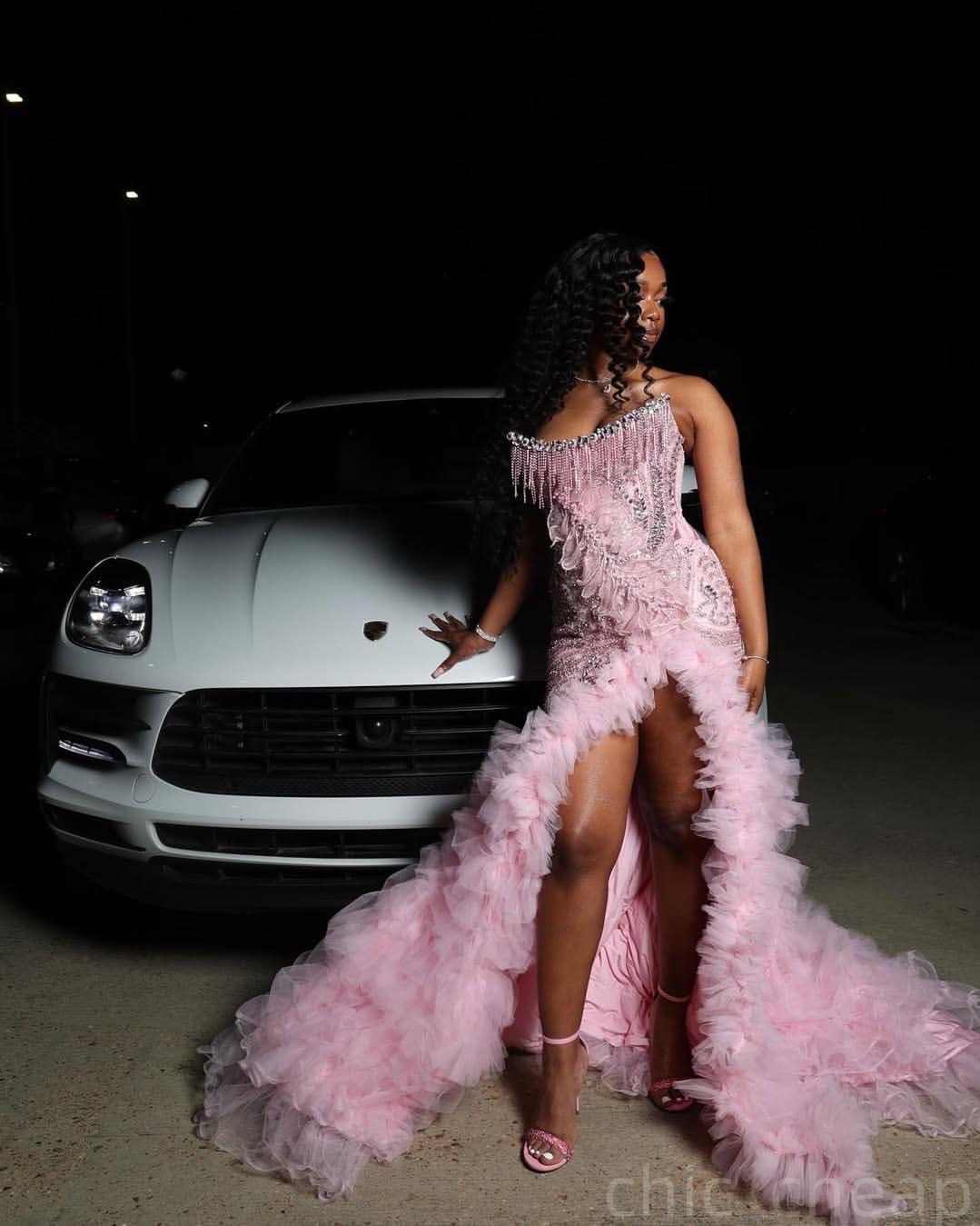 Pink Mermaid Prom Dresses 2025 Florals Crystals Tassels Tiers Tulle Evening Formal Party Second Birthday Engagement Gowns Plus Size Dress For Special 