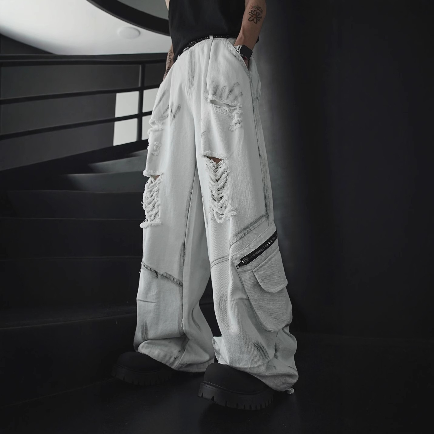 Men's Jeans Designer: Sporty And Casual High Street Men's Workwear Jeans, Distressed Trousers, Washed Retro Floor-standing Hip-hop Wide-leg 