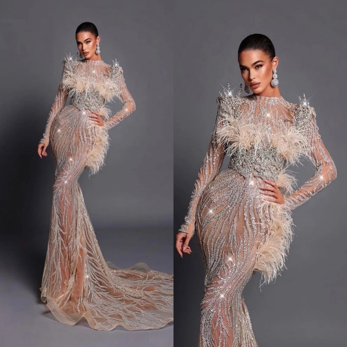Luxury Feather Wedding Dresses Sequins Crystal Bridal Gowns See Through Long Sleeves Mermaid Rhinestone Customized Bride Vestidos De Novia Plus Size
