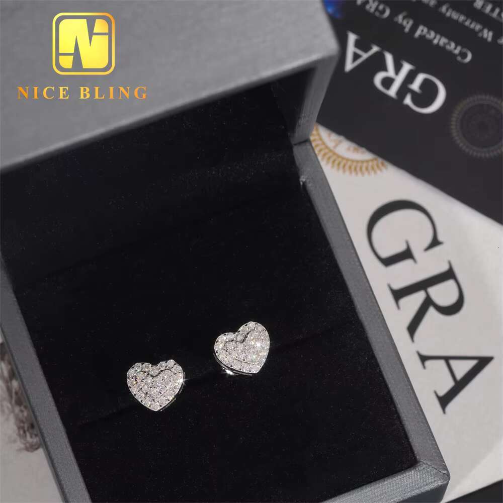 Classic Hip Hop Jewelry Heart Shape Iced Out Ear Studs 925 Sterling Silver VVS Moissanite Stud Earring for Women