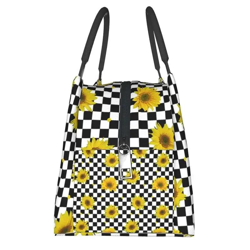 Sunflowers On Checkered Squares Insulated Lunch Bags for Women Beauty Floral Resuable Cooler Thermal Bento Box Hospital Office 250624