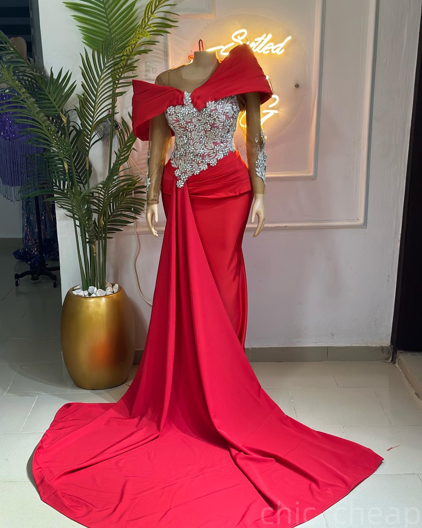 Red Mermaid Prom Dresses 2025 Lace Crystals Satin Full Sleeves Evening Formal Party Second Birthday Engagement Gowns Plus Size Dress For Special Occas