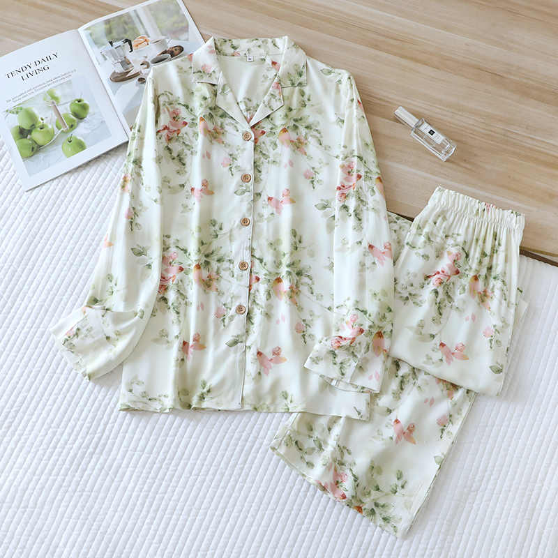 In stock women's spring and summer new items, cotton satin pajamas, elegant forest print, long sleeved straight leg pants, home wear