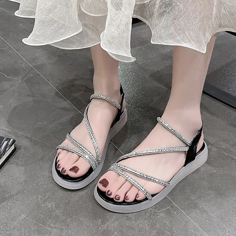 Flat-heeled Sandal Woman Rhinestone Comfortable Sandals for Women Summer Without Heel Elegant Roman Fashion 250624