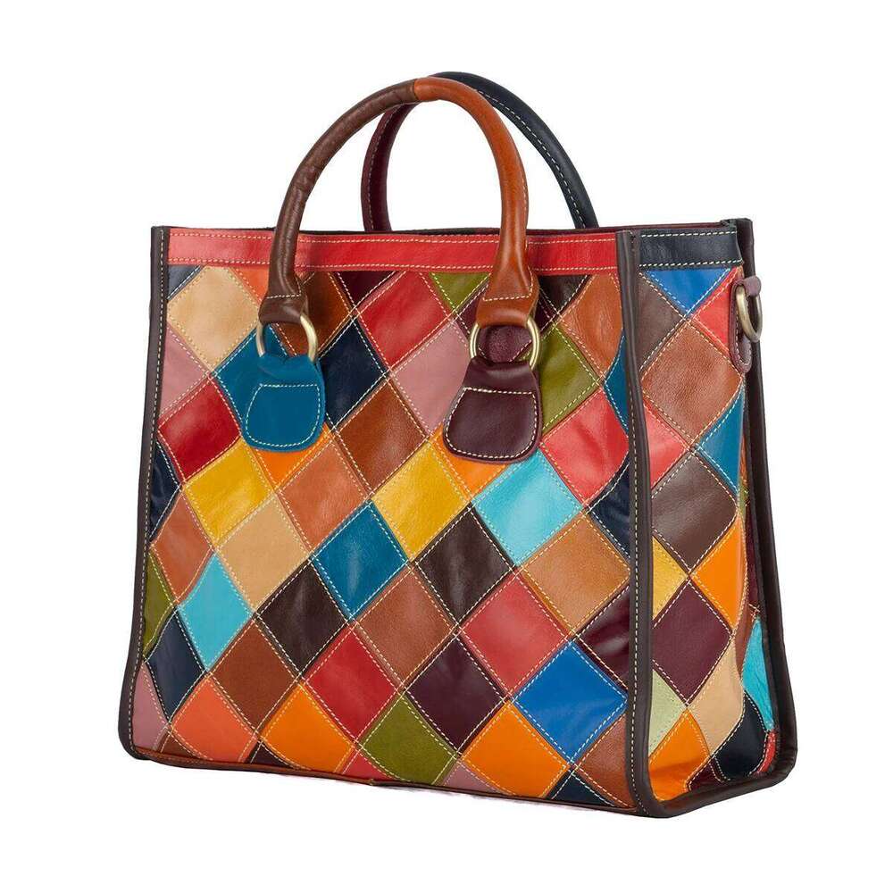 Genuine Oil Wax Leather Cowhide Plaid Splicing Color Random Contrasting Casual Personality Handbag Tote Women's Bag