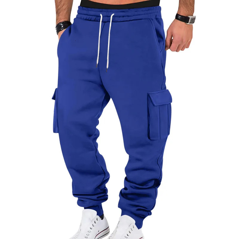 Autumn Winter Fleece Lined Mens Sweatpants MultiPocket Drawstring Cargo Pants Outdoor Sports Joggers Cuffed 250614