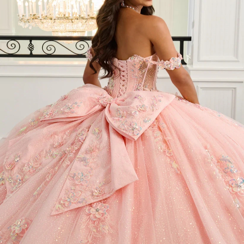 Pink Glitter Quinceanera Dresses Ball Gown Lace Applique Beaded Bow Tull Mexican Sweet 16 Dress Vestido De 15 Anos