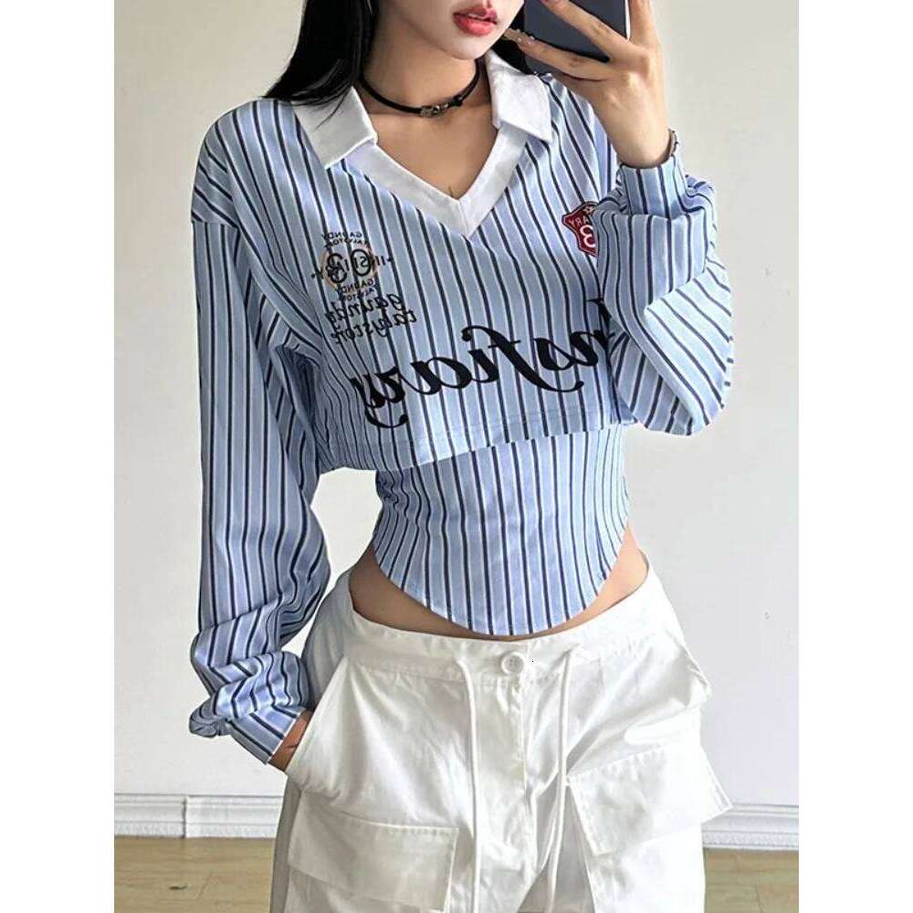 Preppy Style Cropped Streetwear Stripe Letter Printing T Shirts + Grunge Irregular Tank Top Women Y2k Aesthetic Two Pieces Set