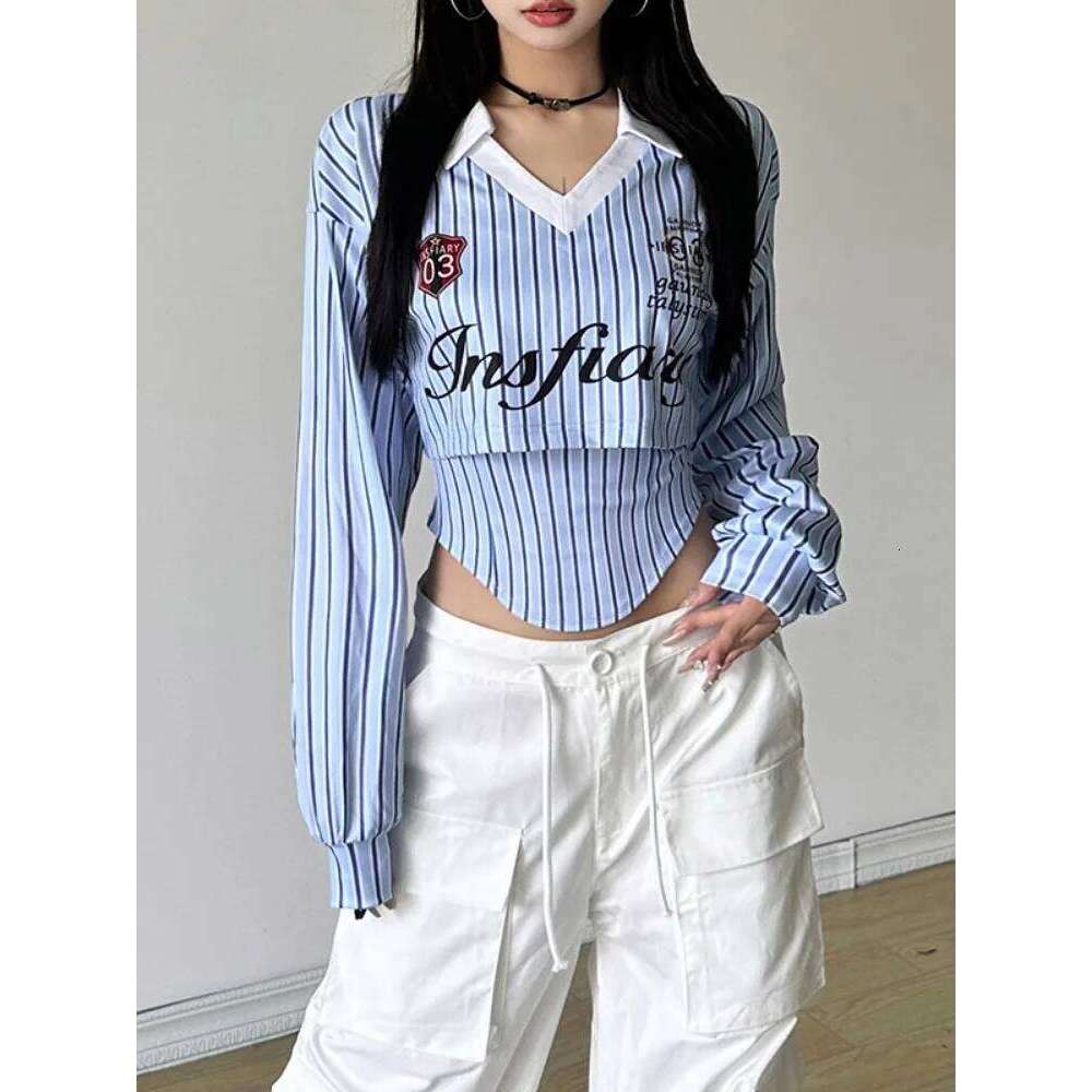 Preppy Style Cropped Streetwear Stripe Letter Printing T Shirts + Grunge Irregular Tank Top Women Y2k Aesthetic Two Pieces Set