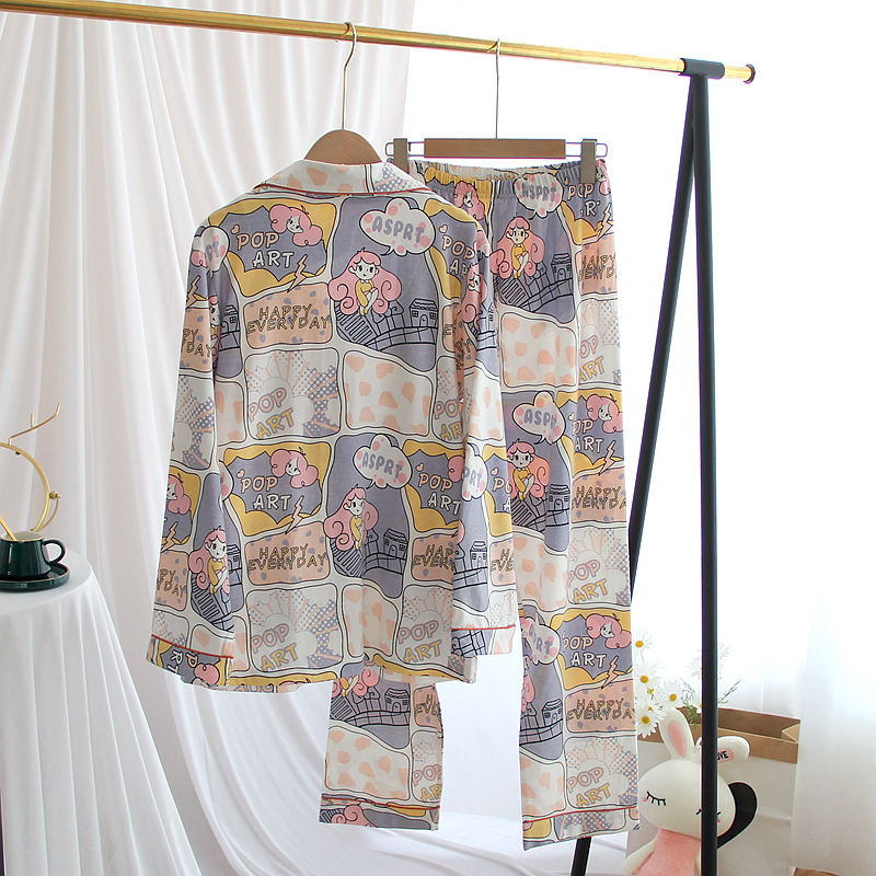 Spring and Autumn Long sleeved Pajamas, Women's Knitted Cotton Cartoon Thin, Loose and Casual Two piece Set, Cardigan, Women's Home Clothing