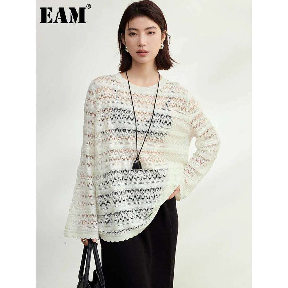 Beige Hollow Out Big Size Knitting Sweater Round Neck Long Sleeve Women Pullovers New Fashion 2025