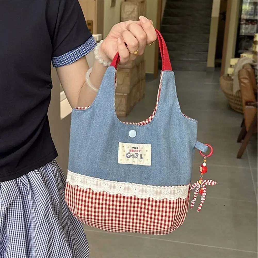 Korean INS Sweet Lace Handbag Leisure Denim Plaid Tote Bags Portable Bag Commuting Bag Denim Plaid Canvas Tote Bags Womens Bag 250624