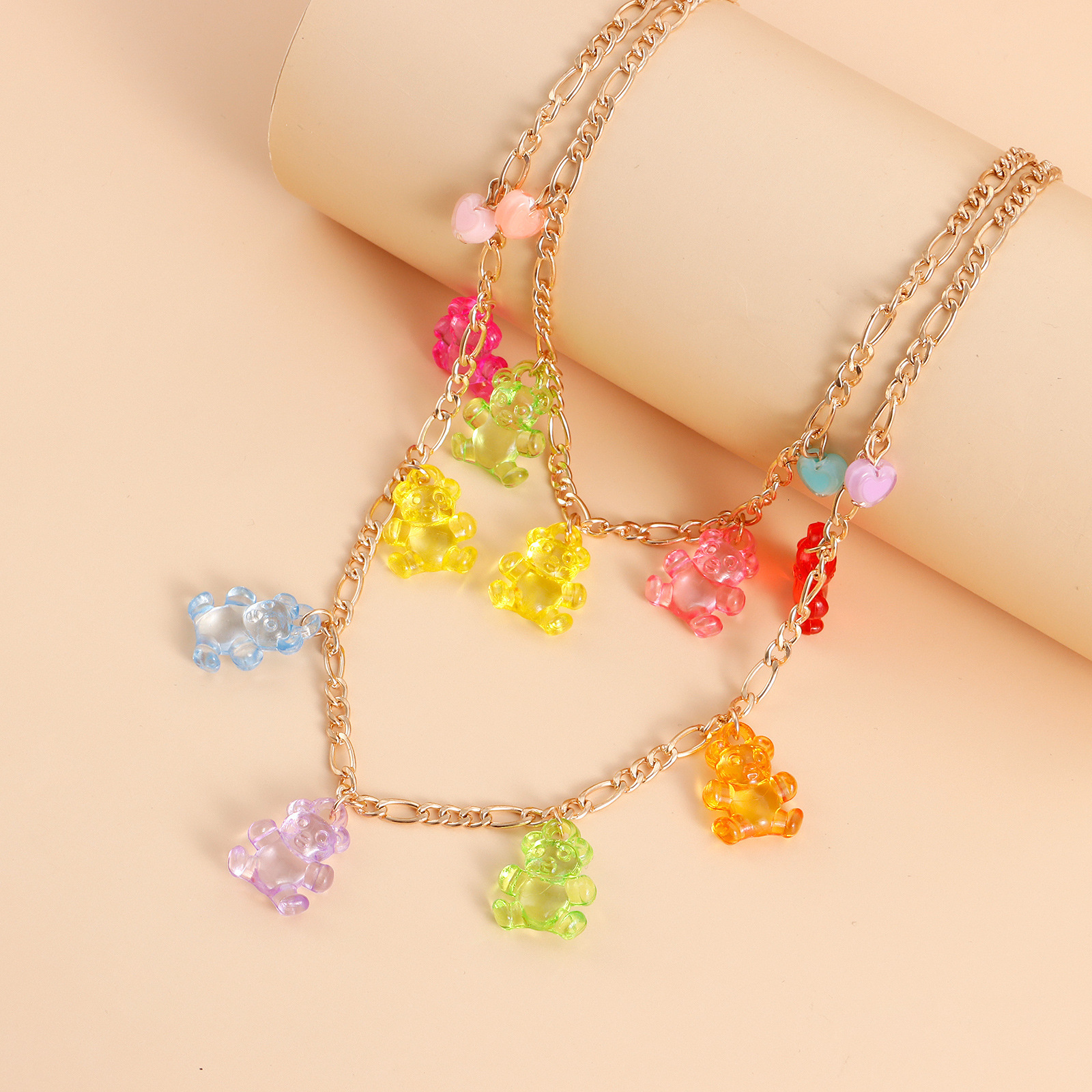 Trendy Double Layer Colorful Transparent Bear Heart Pendant Necklace for Women Unique Design Jewelry Jewelry for Women